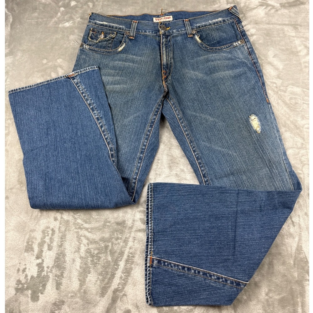 Guess Jeans Authentic Mens 40x32 Blue Distressed Bootcut Denim